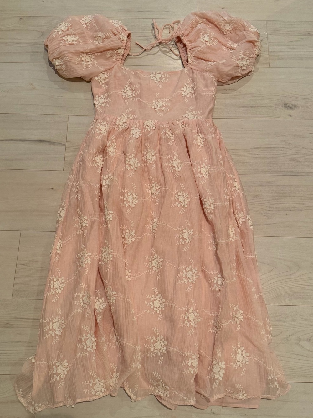 One Loved Babe Blush Pink Puff-Sleeve Midi Dress with Floral Embroidery